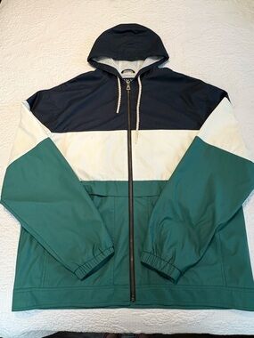 Men's Colorblock Hooded Windbreaker Jacket - Navy, White & Teal Green